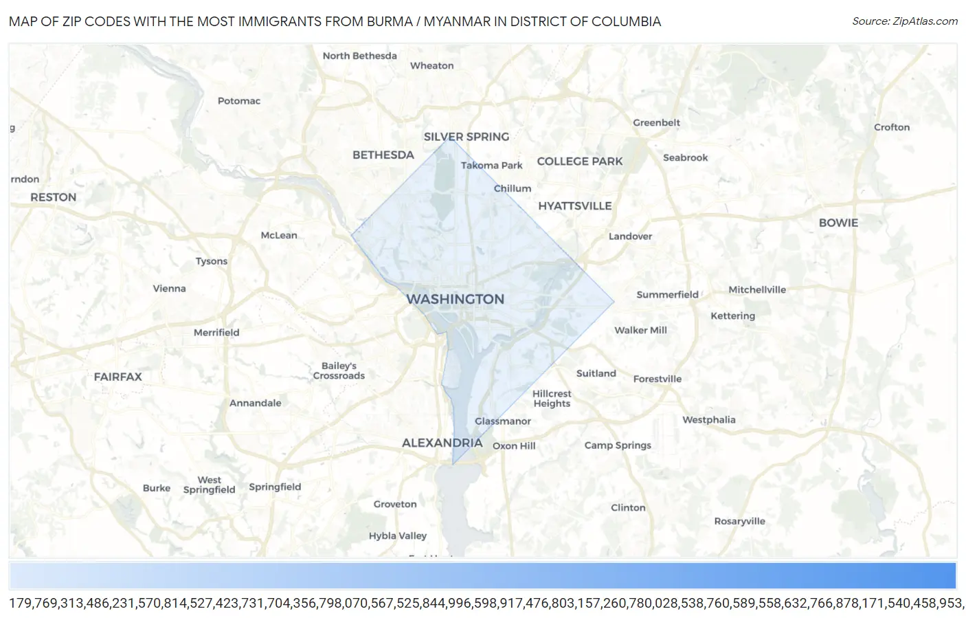 Zip Codes with the Most Immigrants from Burma / Myanmar in District Of Columbia Map