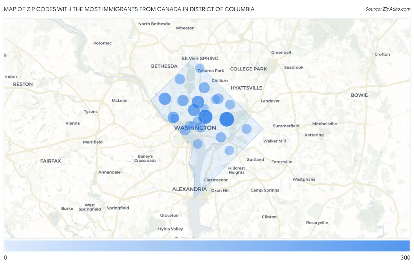 Zip Codes with the Most Immigrants from Canada in District Of Columbia Map
