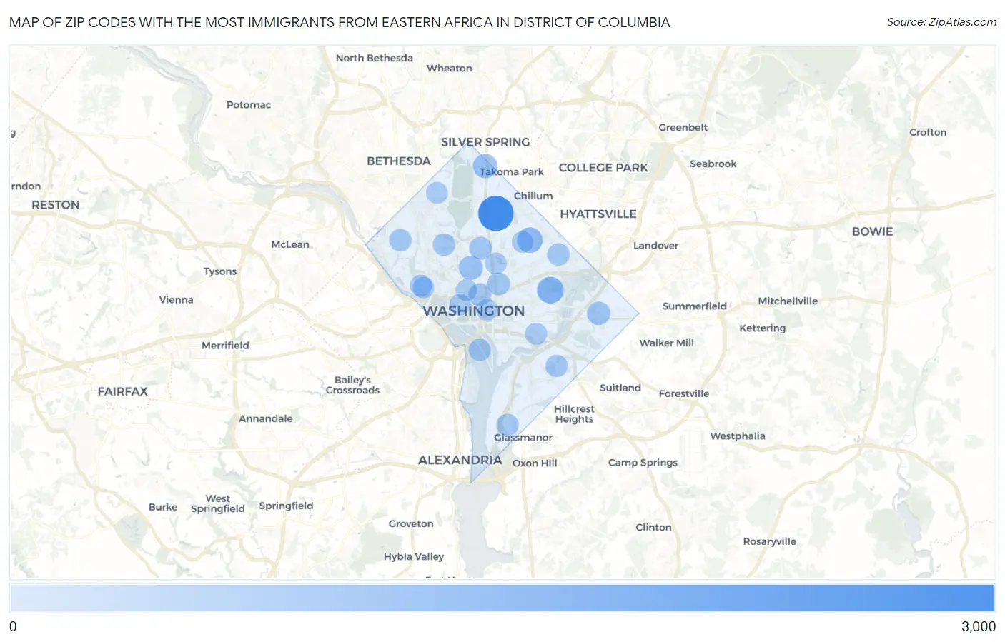 Zip Codes with the Most Immigrants from Eastern Africa in District Of Columbia Map