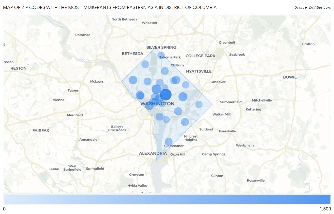 Zip Codes with the Most Immigrants from Eastern Asia in District Of Columbia Map