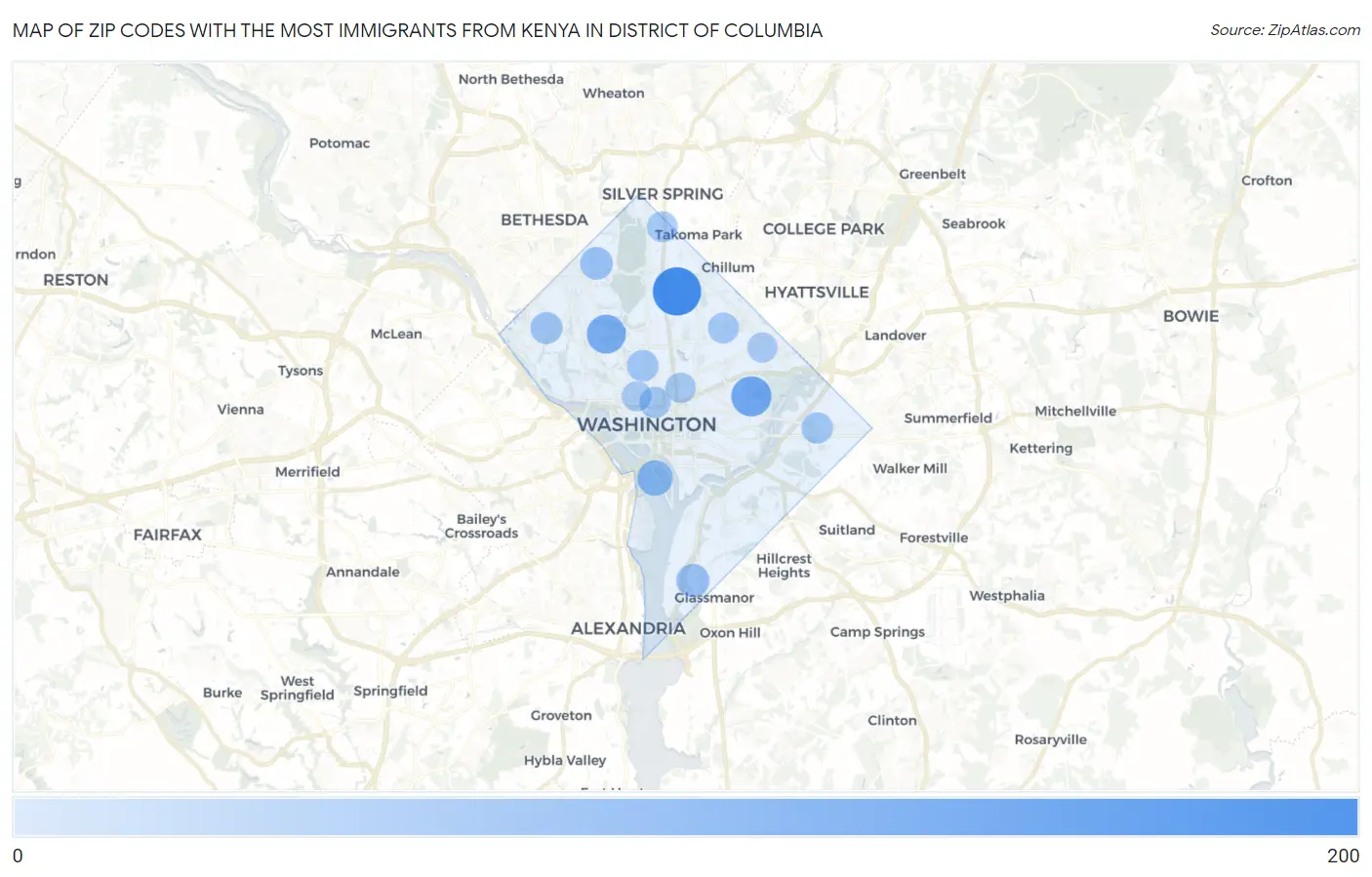 Zip Codes with the Most Immigrants from Kenya in District Of Columbia Map
