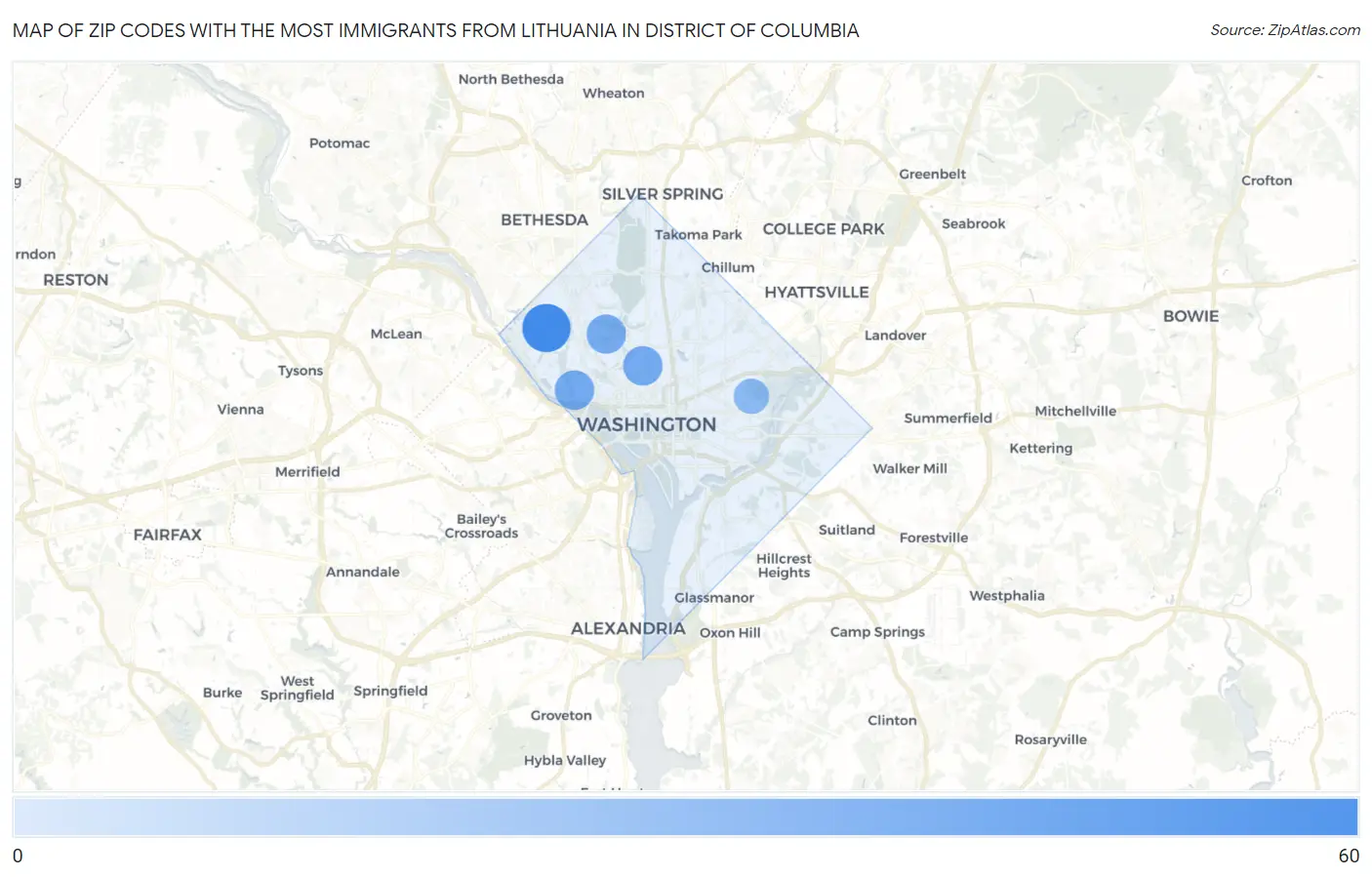 Zip Codes with the Most Immigrants from Lithuania in District Of Columbia Map