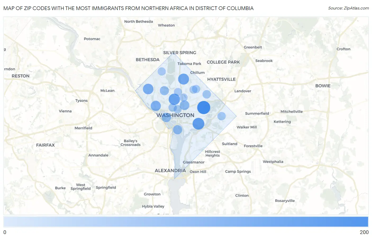Zip Codes with the Most Immigrants from Northern Africa in District Of Columbia Map