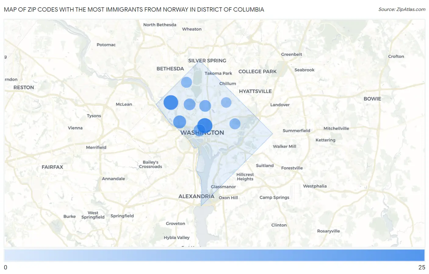 Zip Codes with the Most Immigrants from Norway in District Of Columbia Map