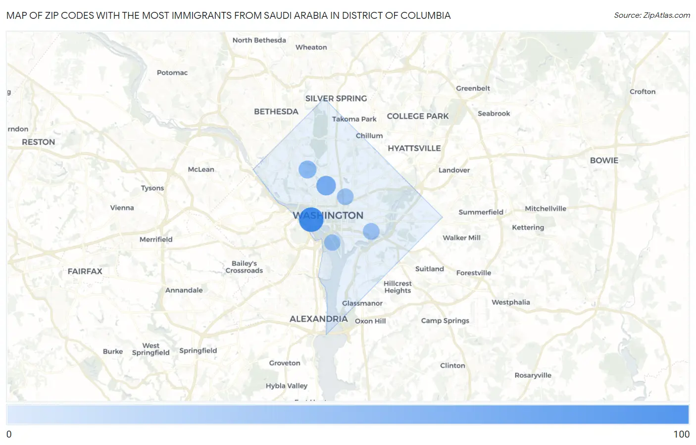 Zip Codes with the Most Immigrants from Saudi Arabia in District Of Columbia Map