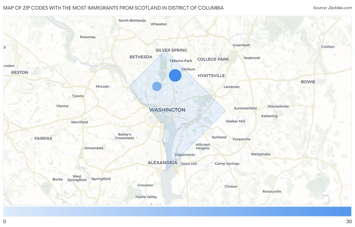 Zip Codes with the Most Immigrants from Scotland in District Of Columbia Map