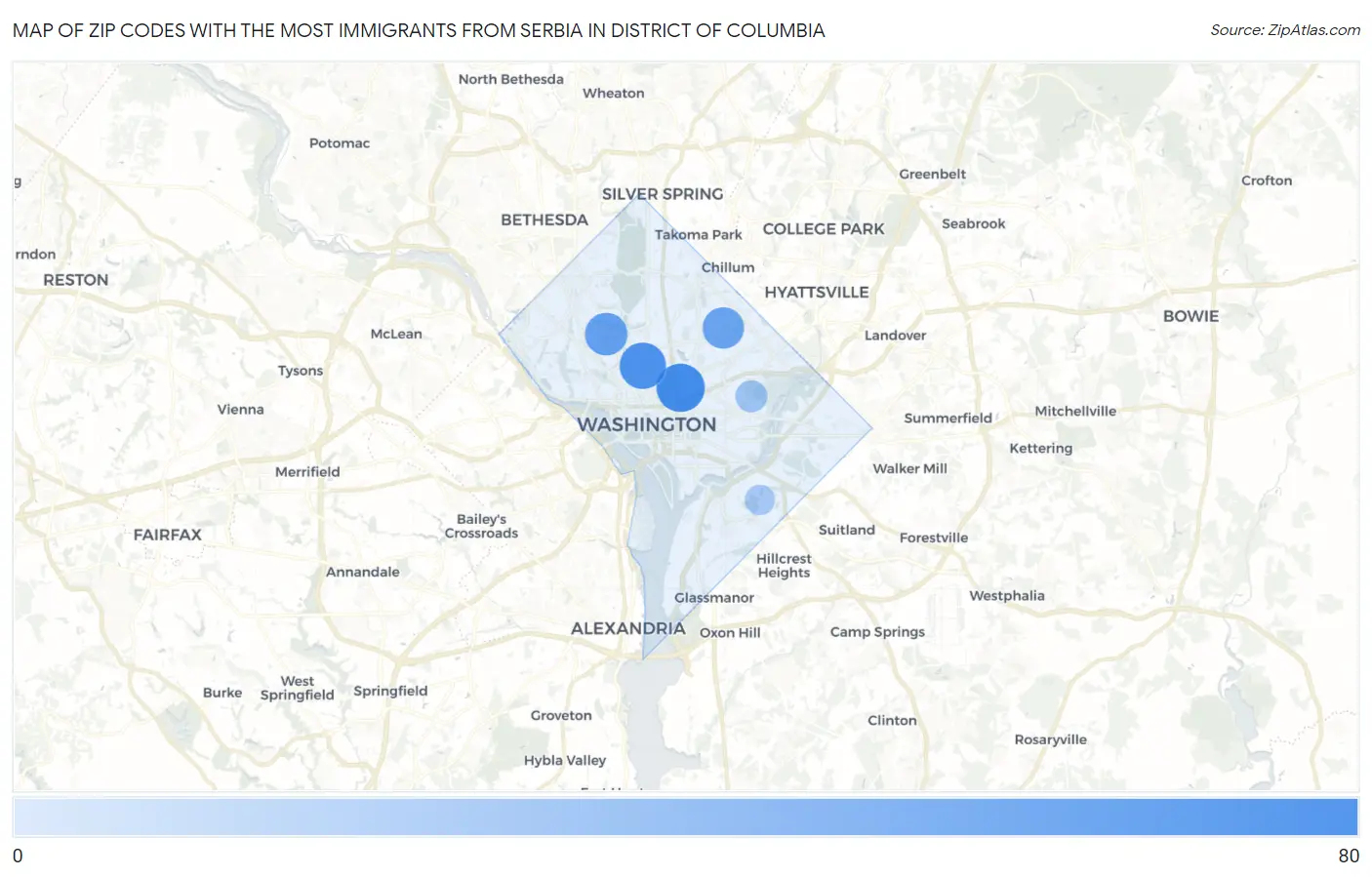 Zip Codes with the Most Immigrants from Serbia in District Of Columbia Map