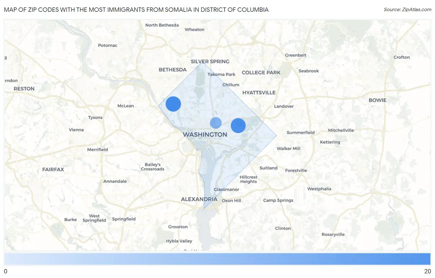 Zip Codes with the Most Immigrants from Somalia in District Of Columbia Map