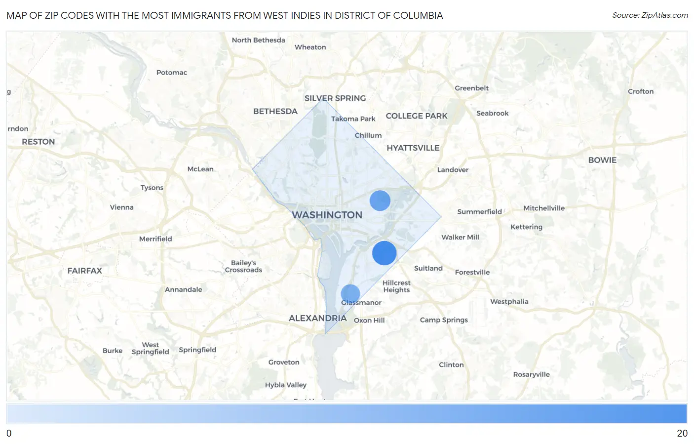 Zip Codes with the Most Immigrants from West Indies in District Of Columbia Map