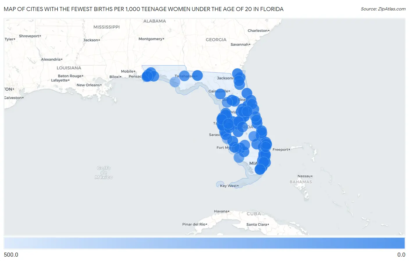 Cities with the Fewest Births per 1,000 Teenage Women Under the Age of 20 in Florida Map