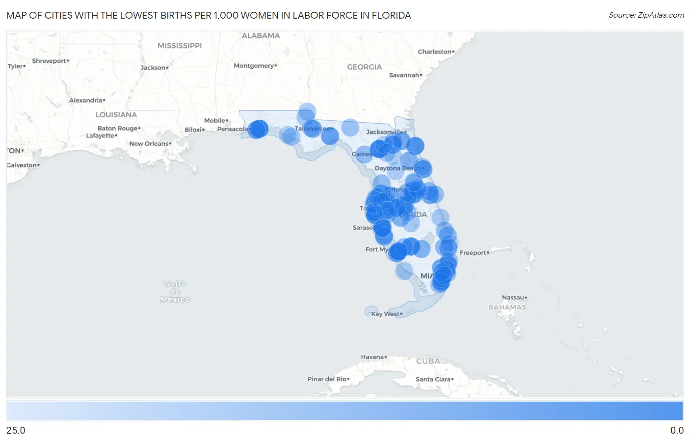 Cities with the Lowest Births per 1,000 Women in Labor Force in Florida Map