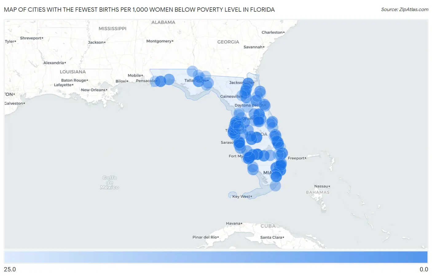 Cities with the Fewest Births per 1,000 Women Below Poverty Level in Florida Map