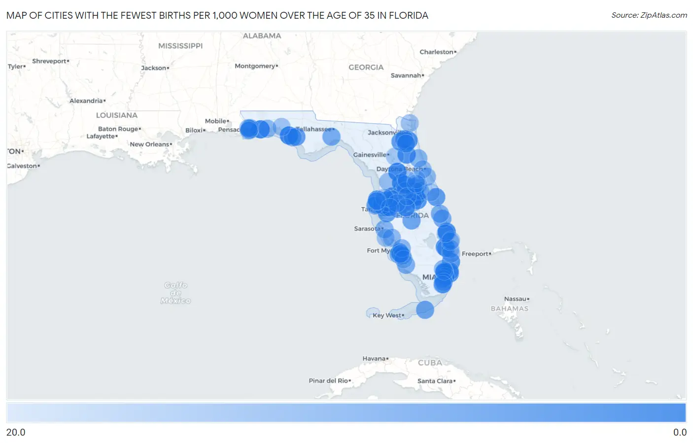 Cities with the Fewest Births per 1,000 Women Over the Age of 35 in Florida Map