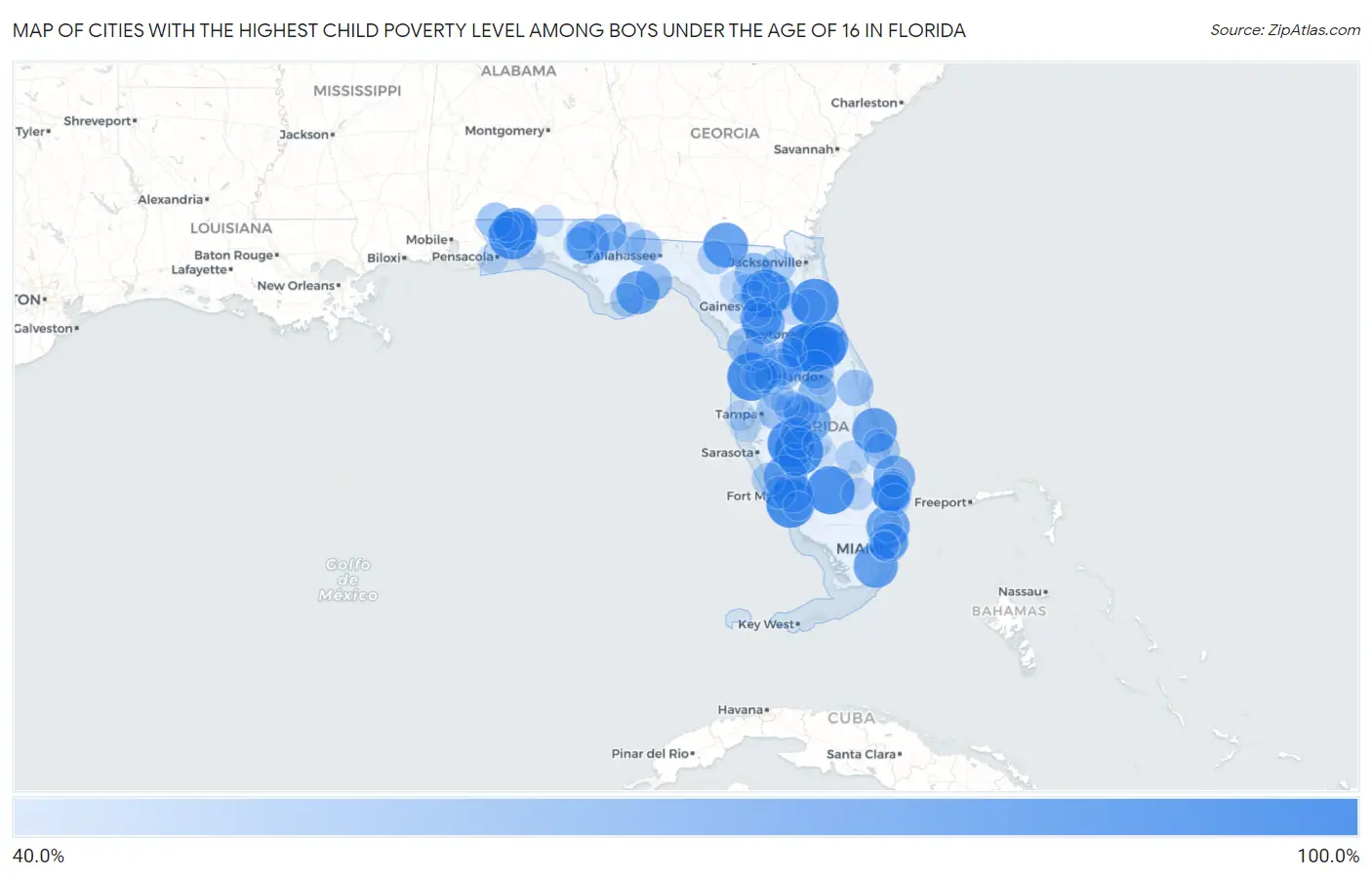 Cities with the Highest Child Poverty Level Among Boys Under the Age of 16 in Florida Map