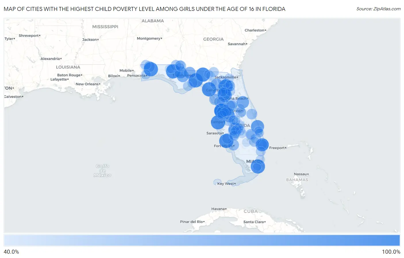 Cities with the Highest Child Poverty Level Among Girls Under the Age of 16 in Florida Map