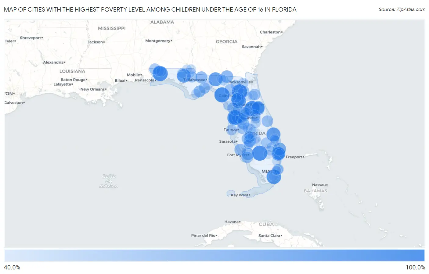 Cities with the Highest Poverty Level Among Children Under the Age of 16 in Florida Map