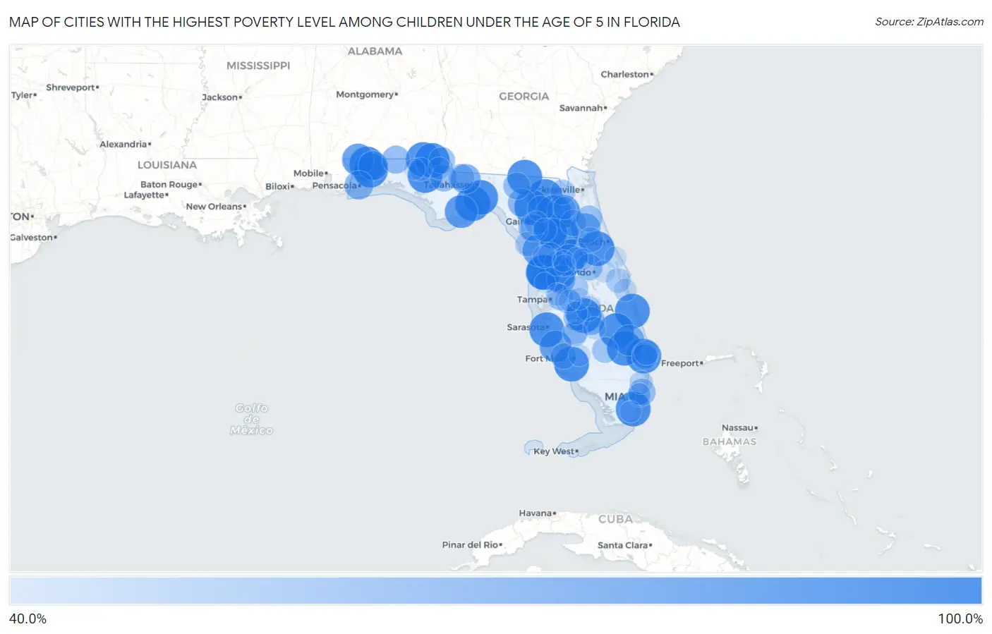 Cities with the Highest Poverty Level Among Children Under the Age of 5 in Florida Map