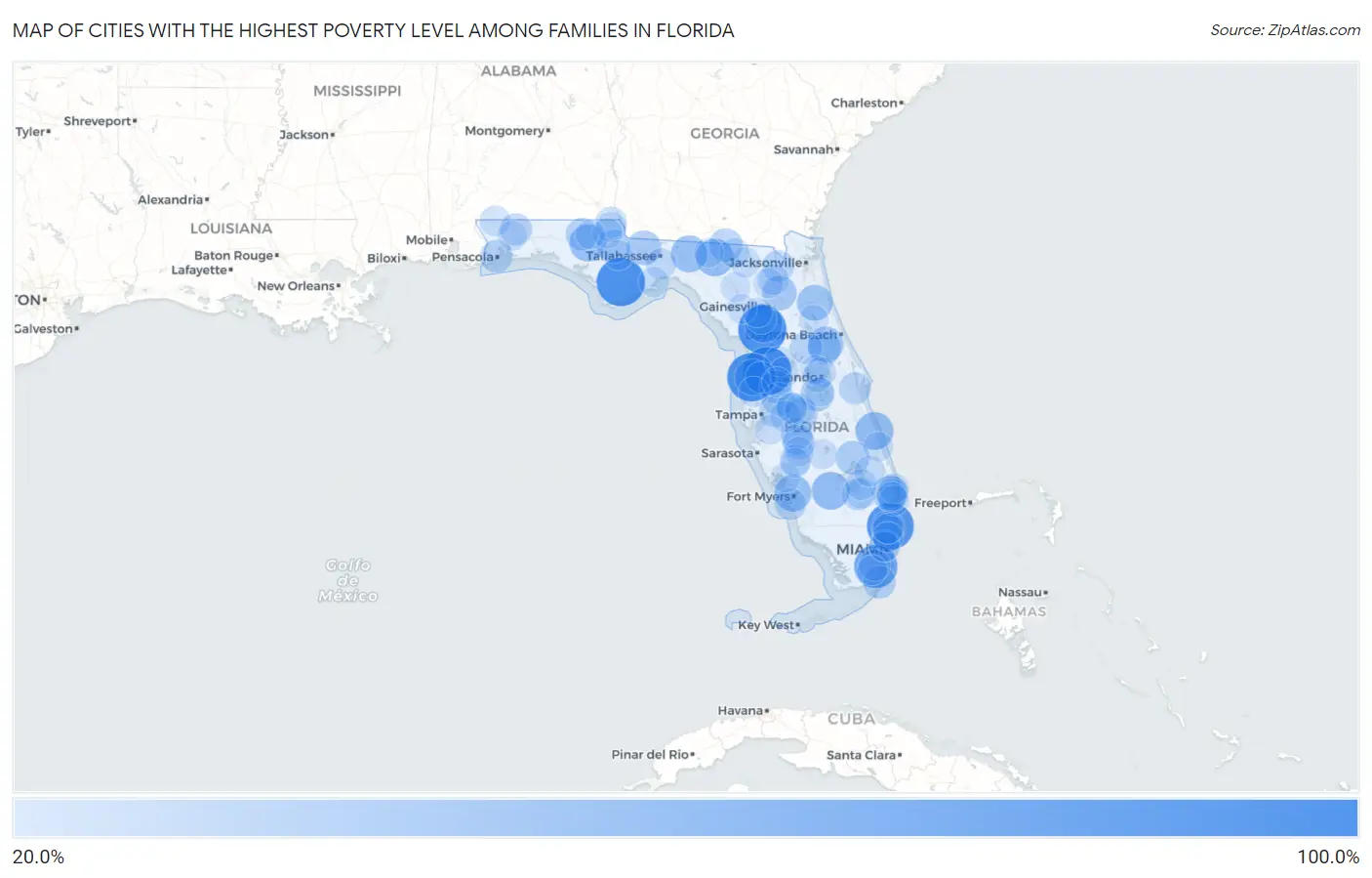 Cities with the Highest Poverty Level Among Families in Florida Map