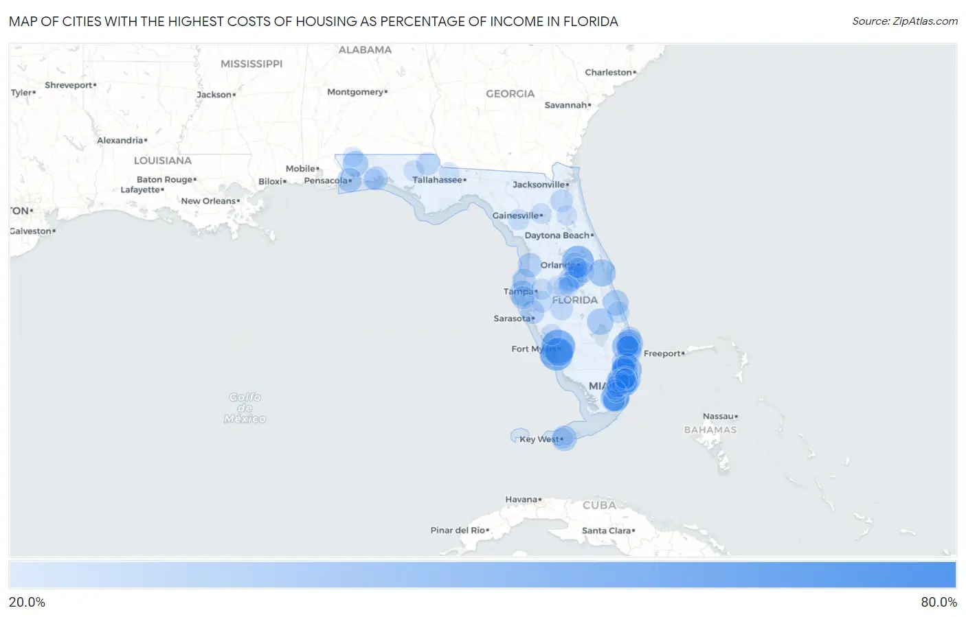Cities with the Highest Costs of Housing as Percentage of Income in Florida Map