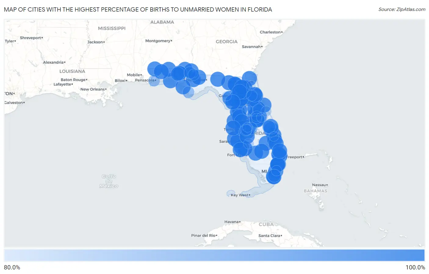 Cities with the Highest Percentage of Births to Unmarried Women in Florida Map