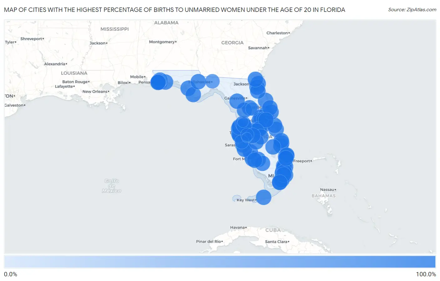 Cities with the Highest Percentage of Births to Unmarried Women under the Age of 20 in Florida Map
