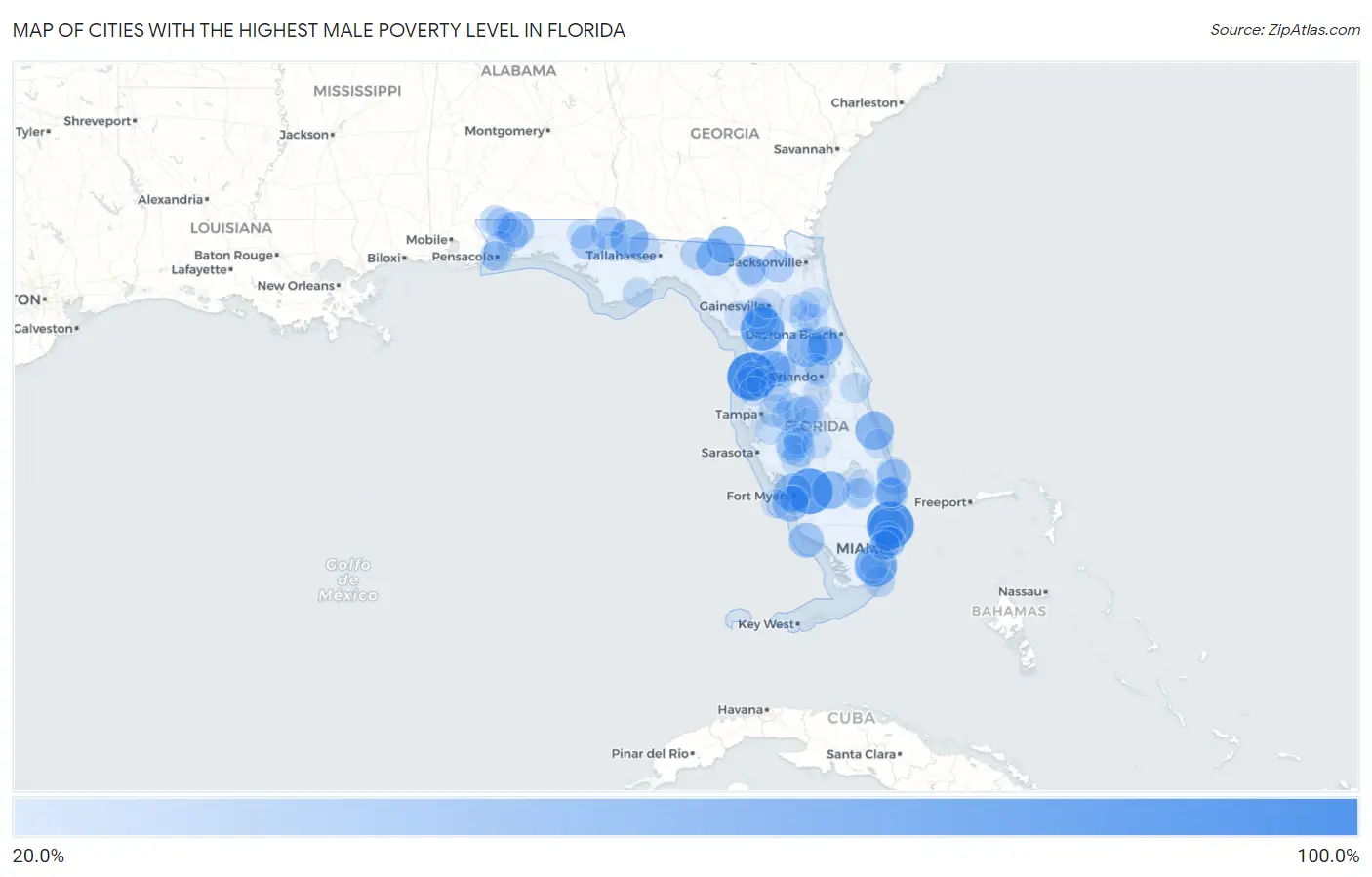 Cities with the Highest Male Poverty Level in Florida Map