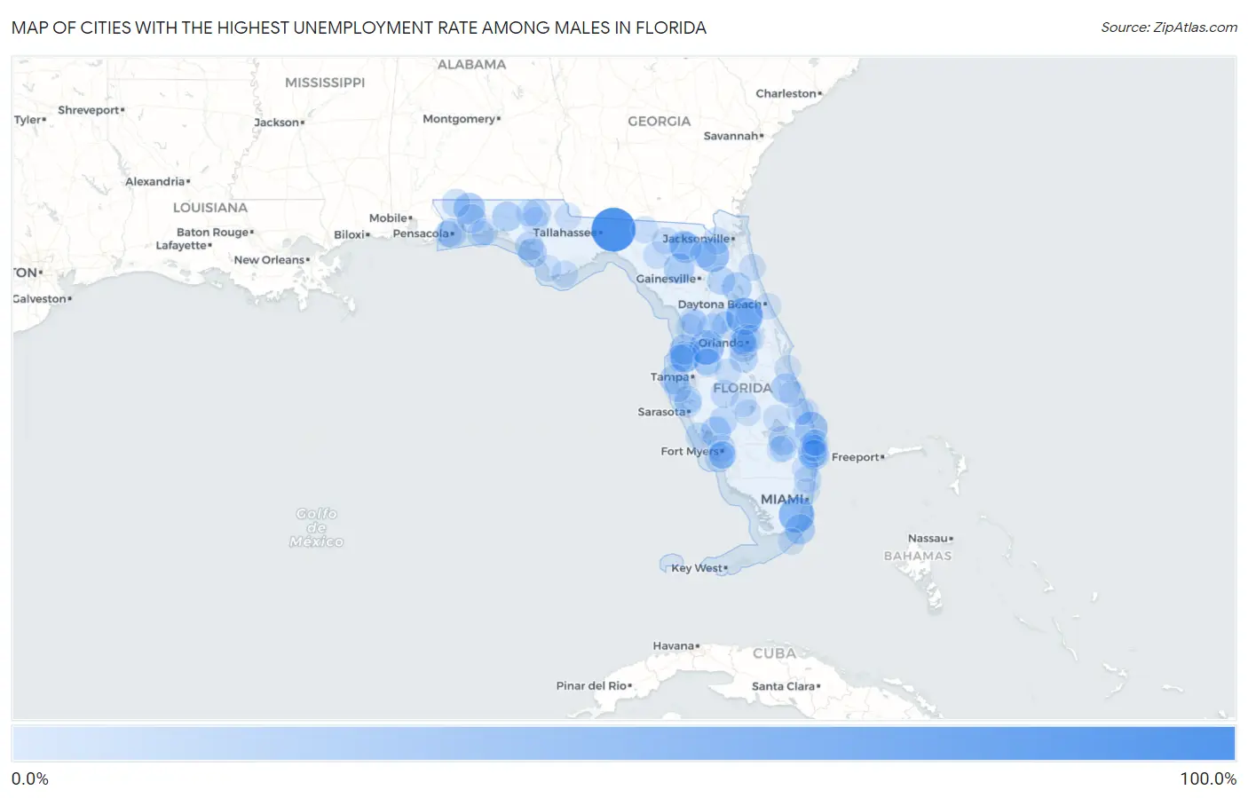 Cities with the Highest Unemployment Rate Among Males in Florida Map