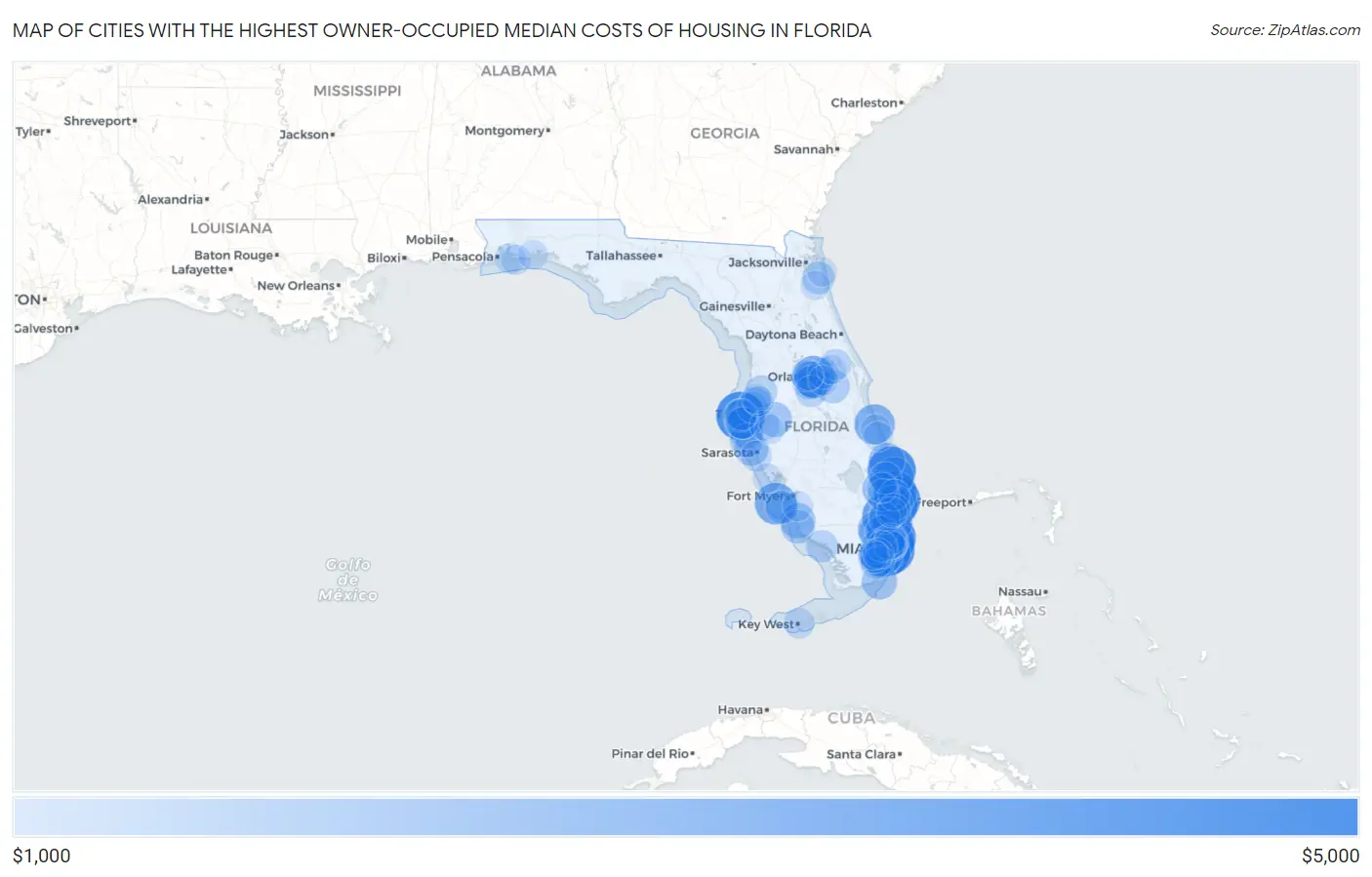 Cities with the Highest Owner-Occupied Median Costs of Housing in Florida Map