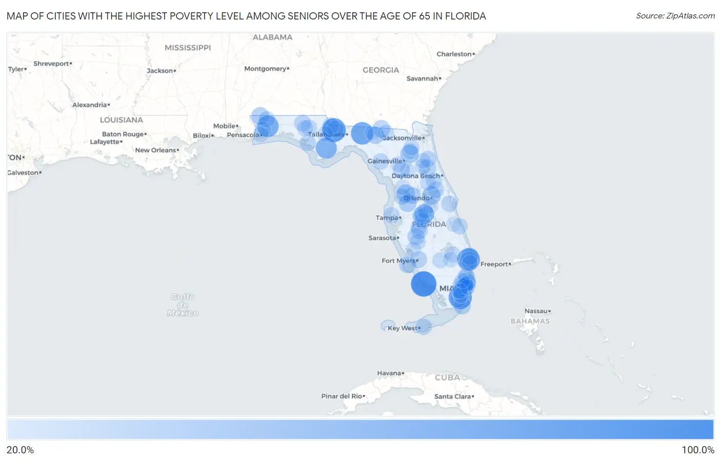 Cities with the Highest Poverty Level Among Seniors Over the Age of 65 in Florida Map
