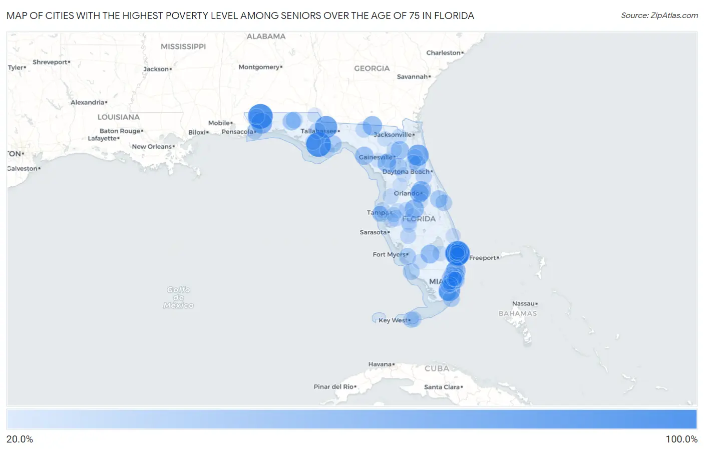 Cities with the Highest Poverty Level Among Seniors Over the Age of 75 in Florida Map