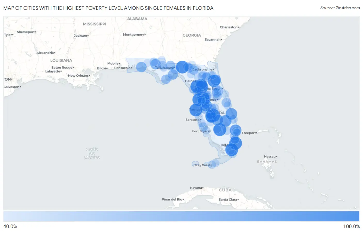 Cities with the Highest Poverty Level Among Single Females in Florida Map