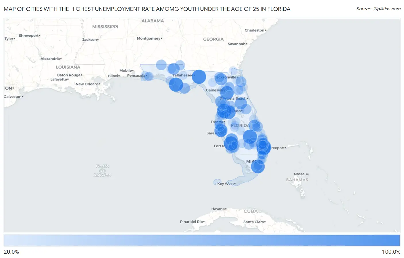 Cities with the Highest Unemployment Rate Amomg Youth Under the Age of 25 in Florida Map