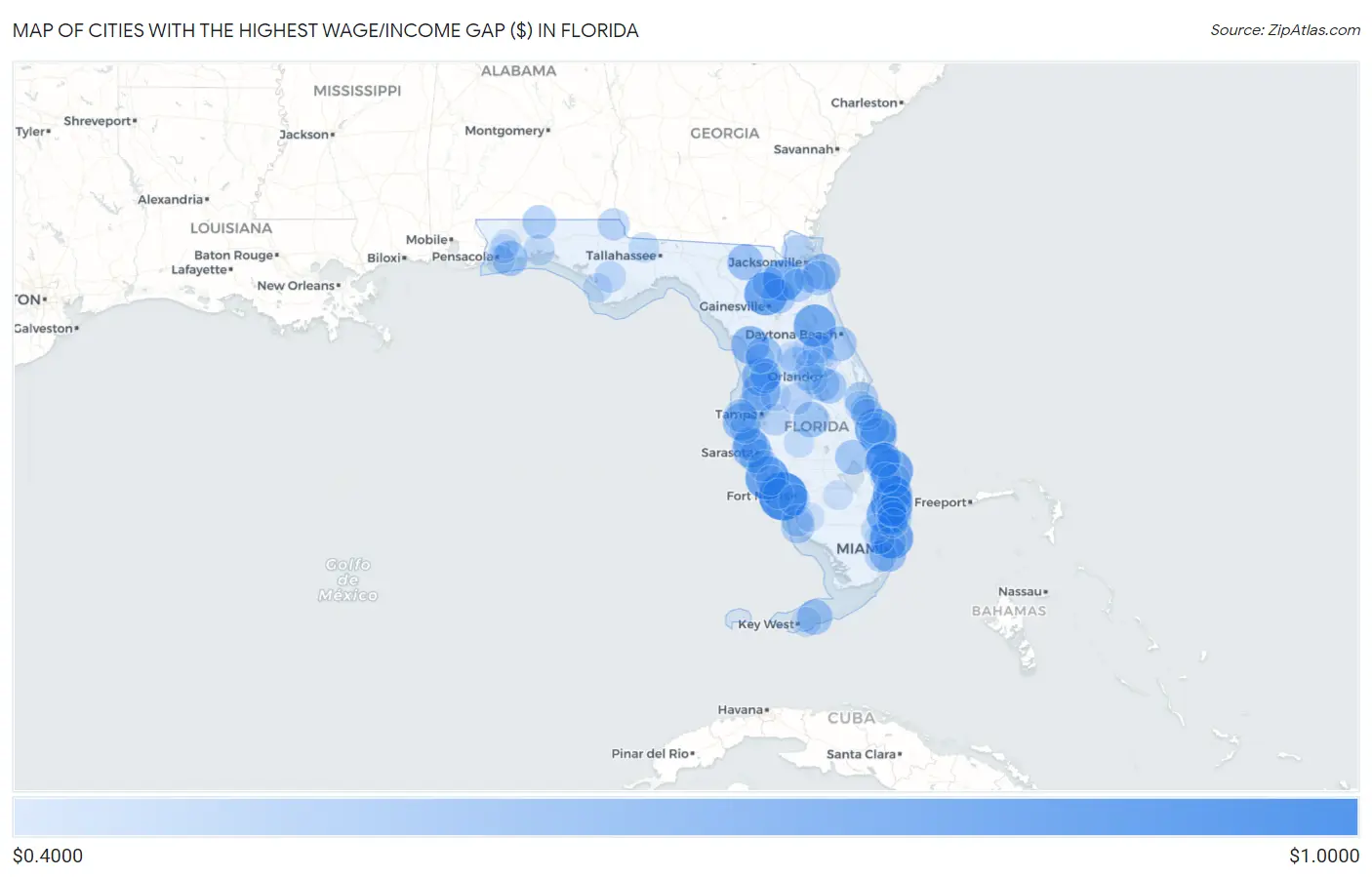 Cities with the Highest Wage/Income Gap ($) in Florida Map
