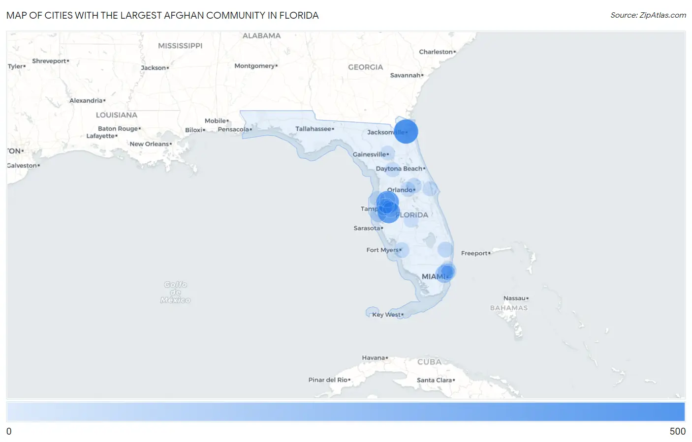 Cities with the Largest Afghan Community in Florida Map