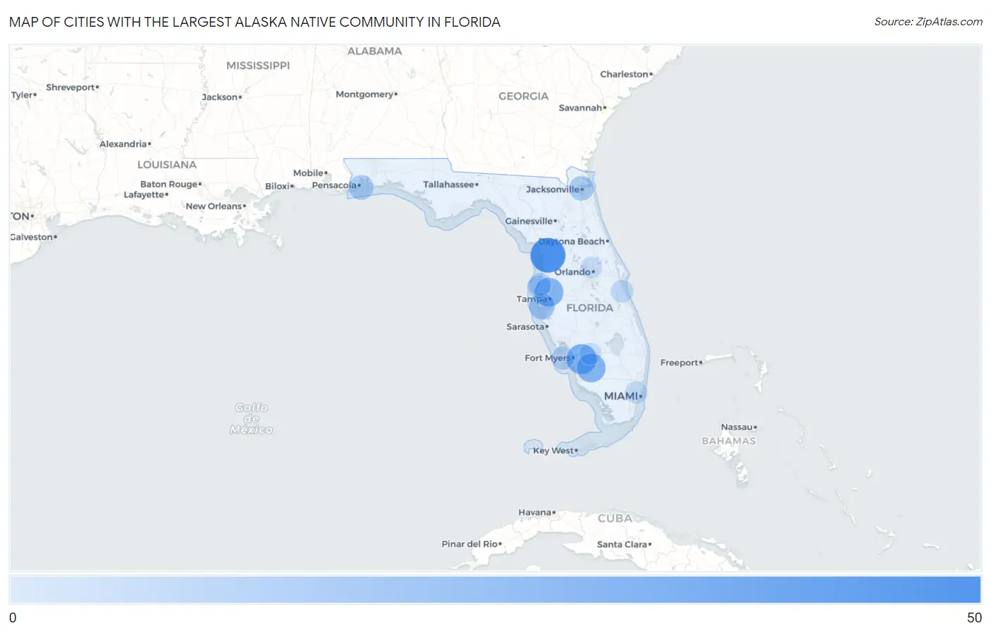 Cities with the Largest Alaska Native Community in Florida Map