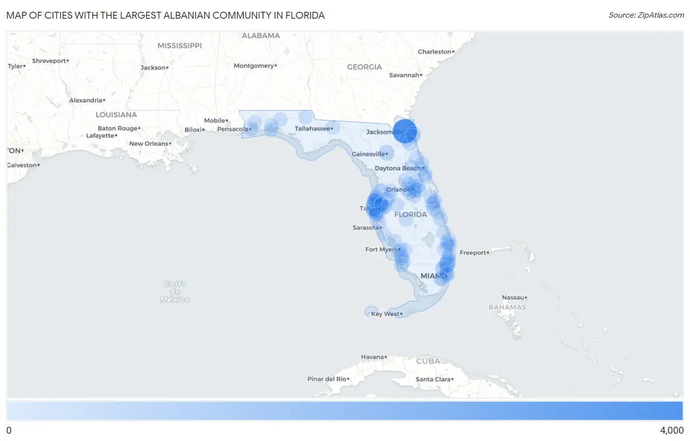 Cities with the Largest Albanian Community in Florida Map