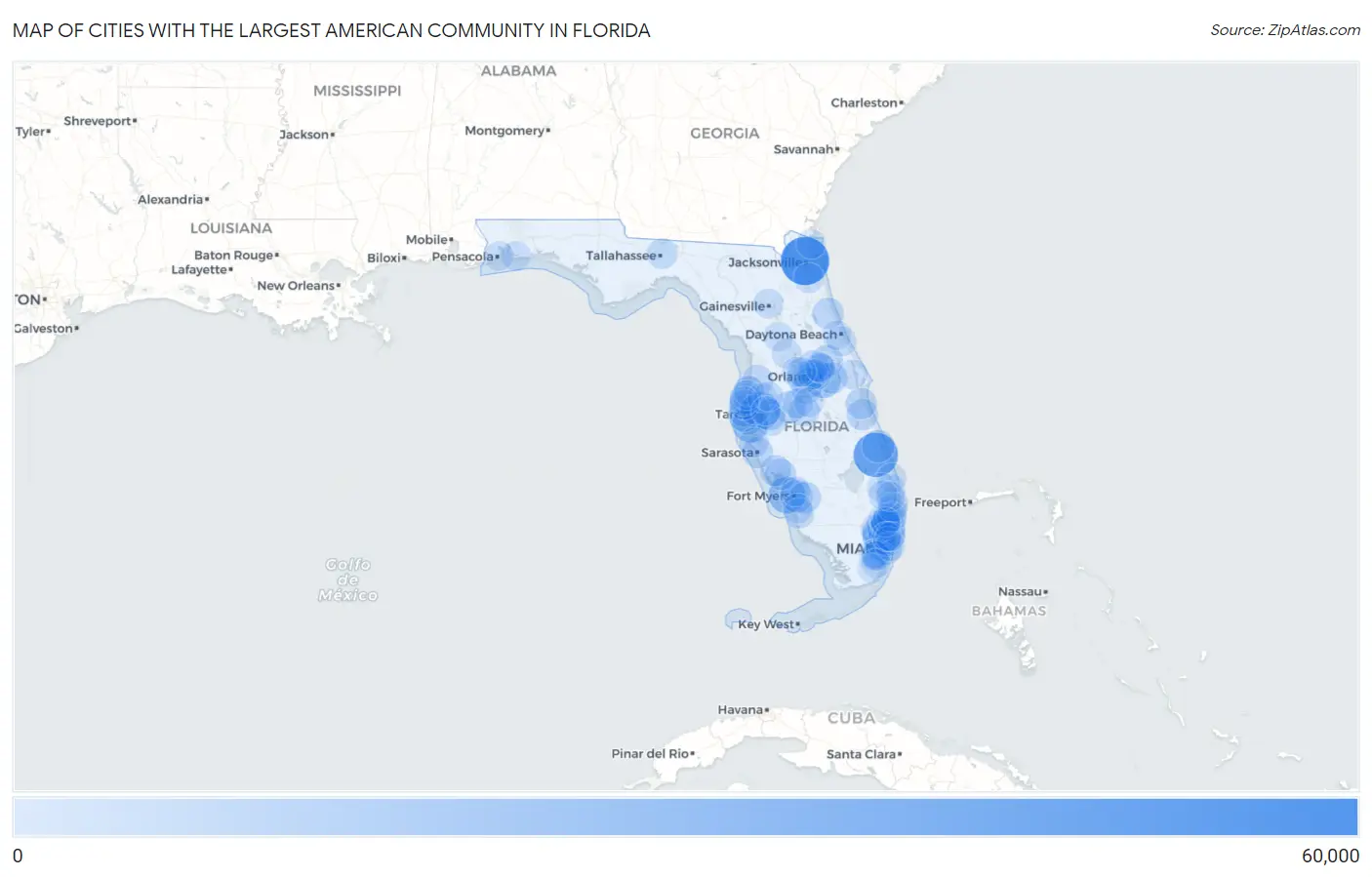 Cities with the Largest American Community in Florida Map