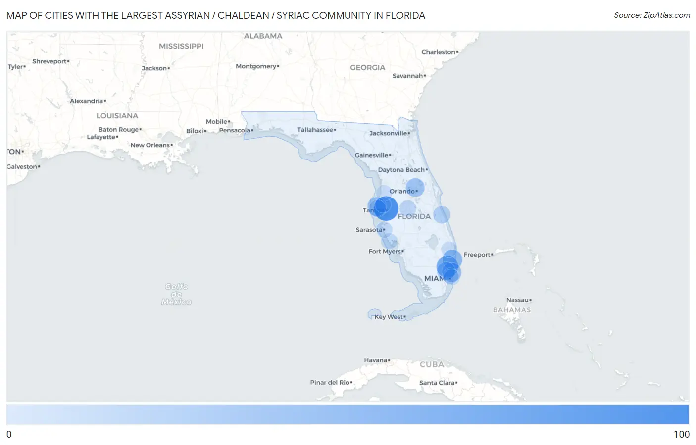 Cities with the Largest Assyrian / Chaldean / Syriac Community in Florida Map