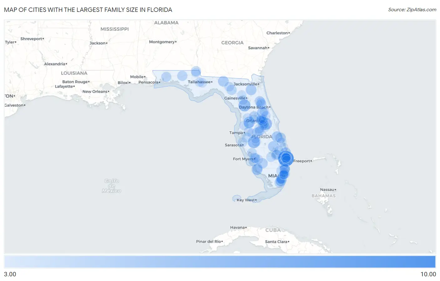 Cities with the Largest Family Size in Florida Map