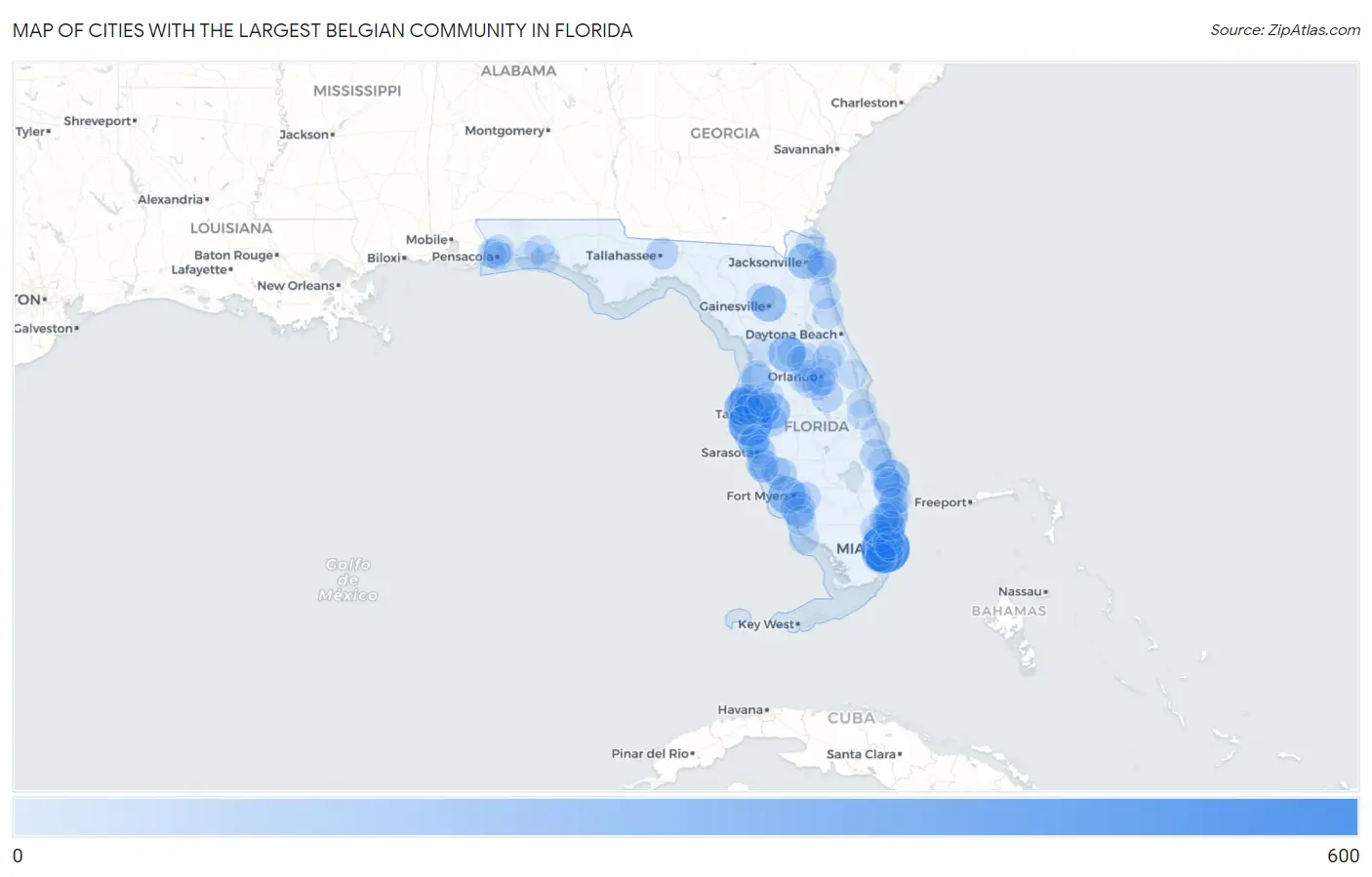 Cities with the Largest Belgian Community in Florida Map