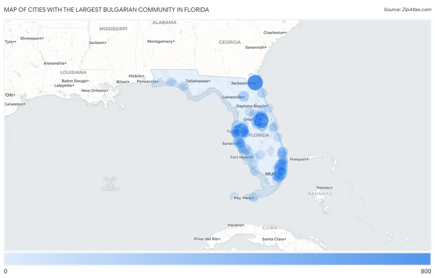Cities with the Largest Bulgarian Community in Florida Map