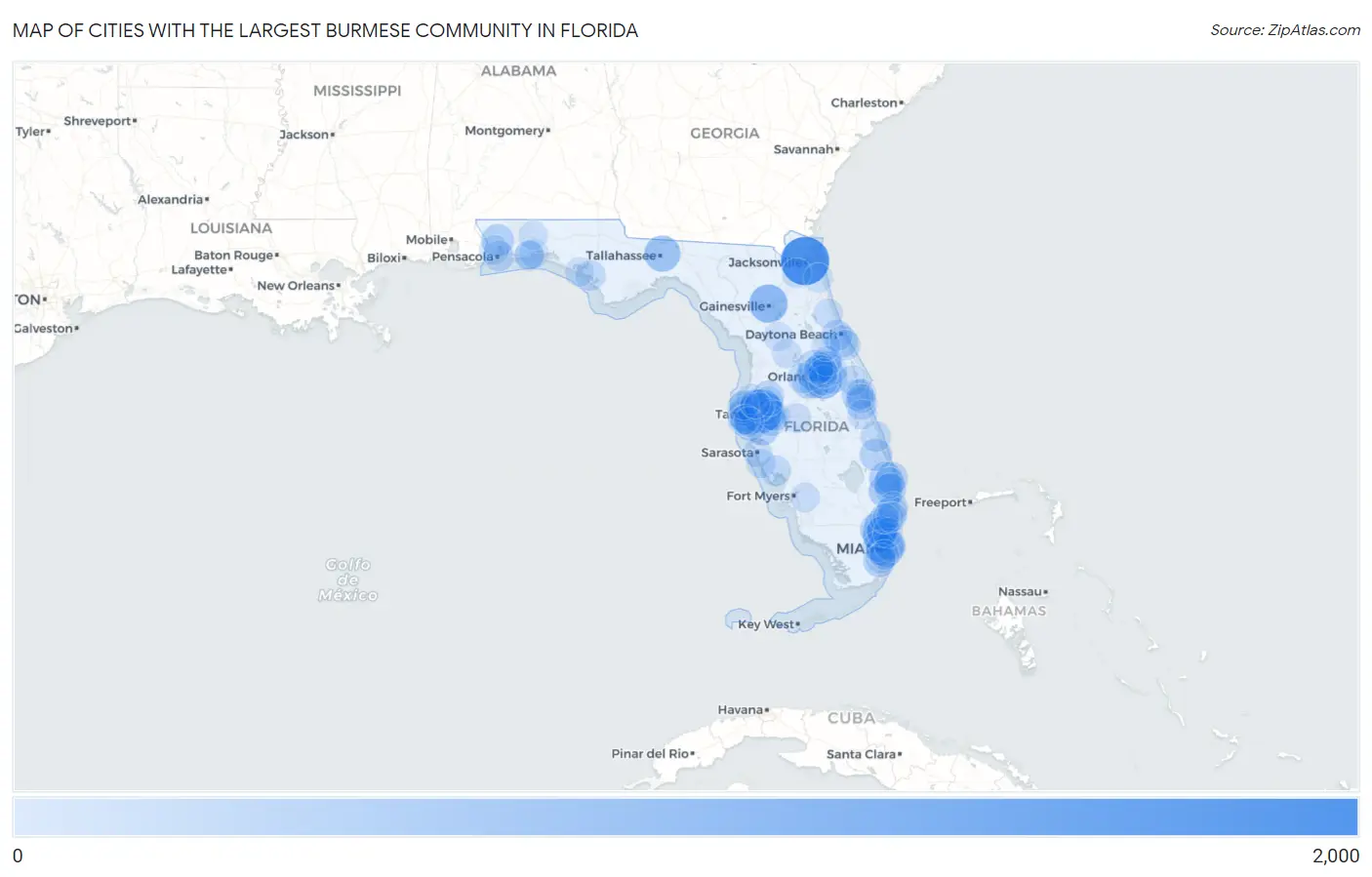 Cities with the Largest Burmese Community in Florida Map
