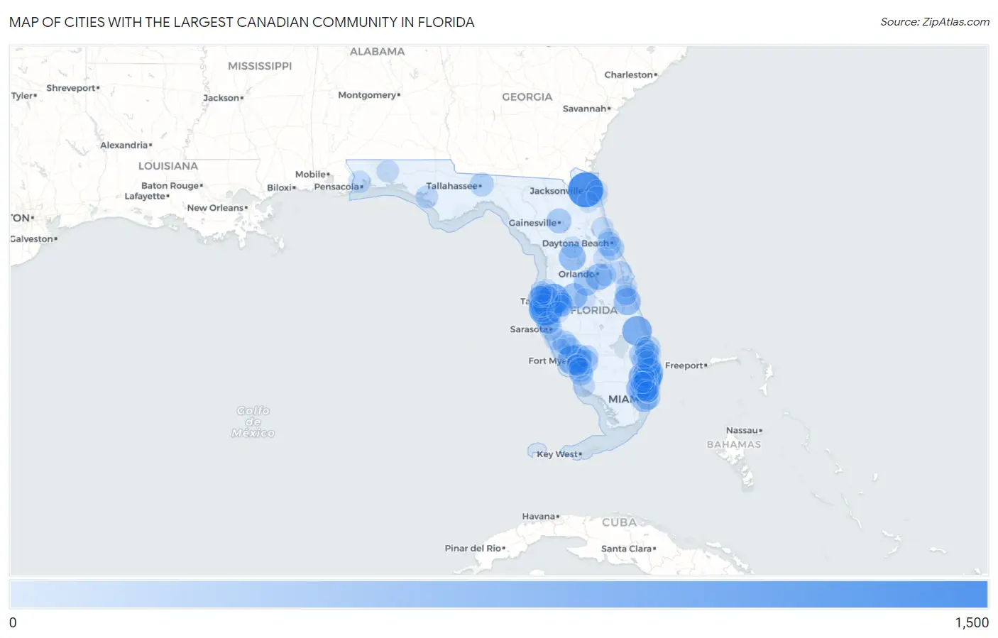 Cities with the Largest Canadian Community in Florida Map