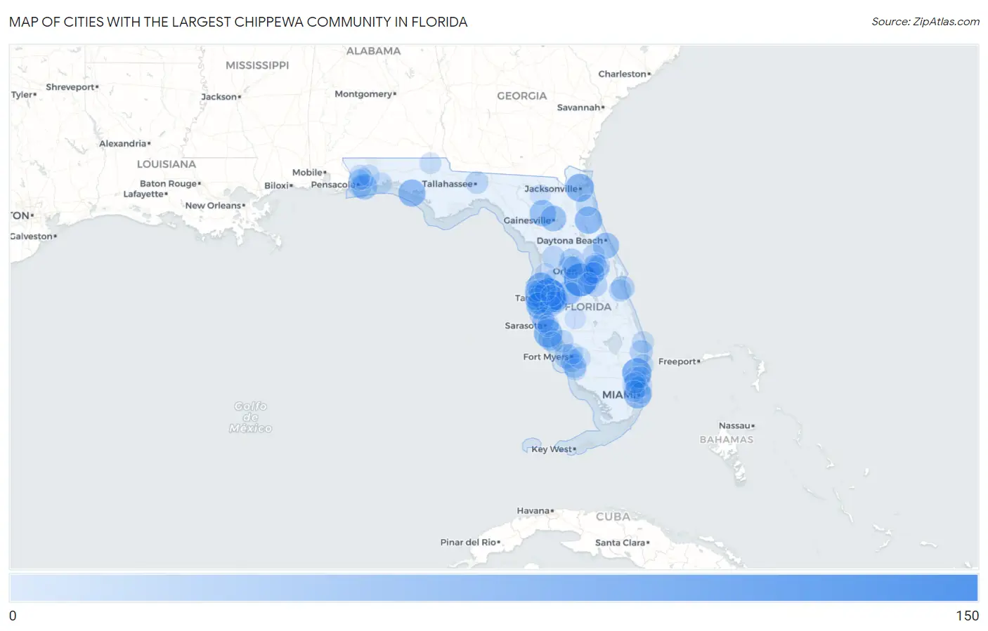 Cities with the Largest Chippewa Community in Florida Map