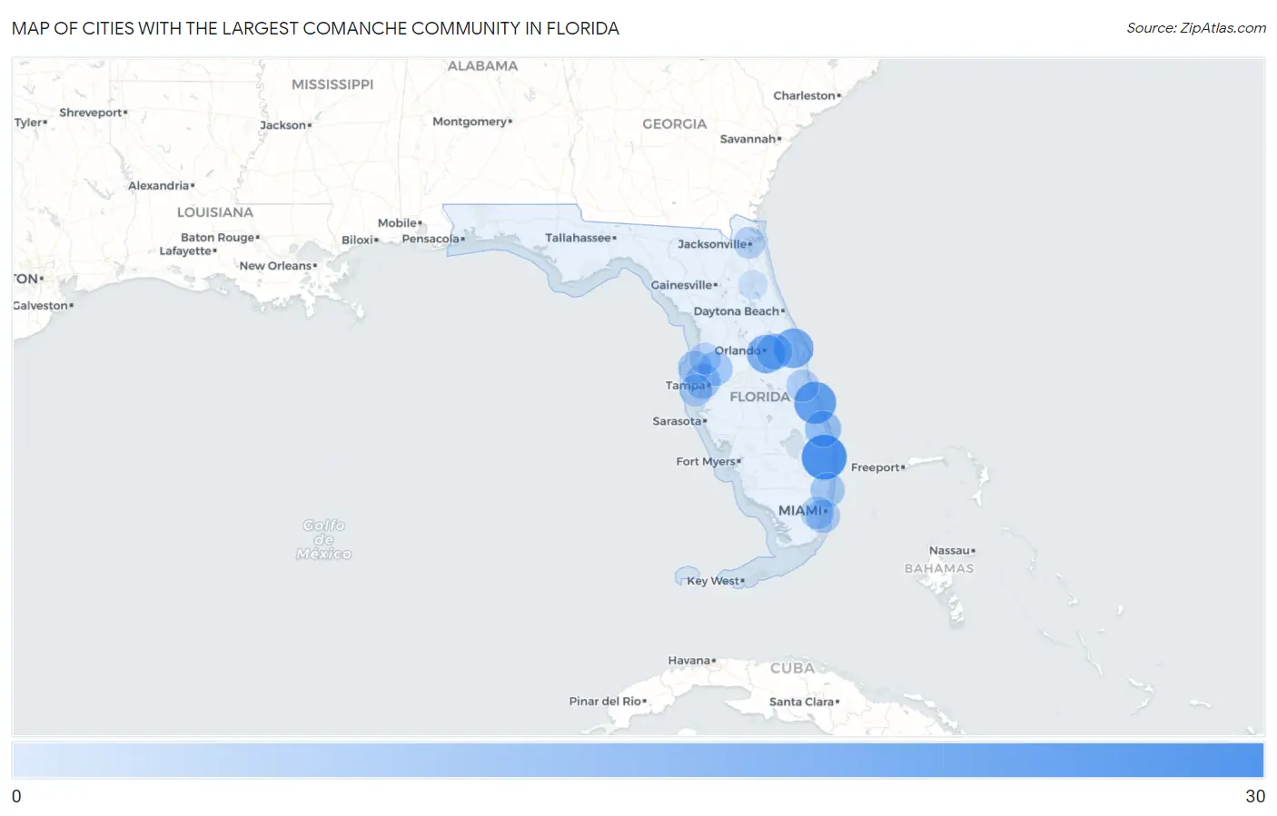 Cities with the Largest Comanche Community in Florida Map