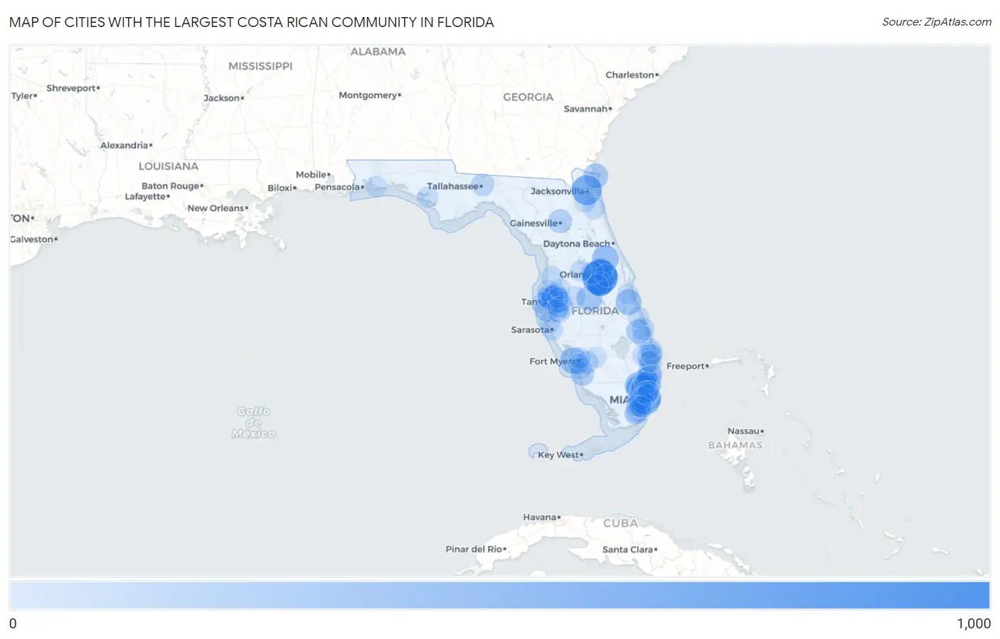 Cities with the Largest Costa Rican Community in Florida Map