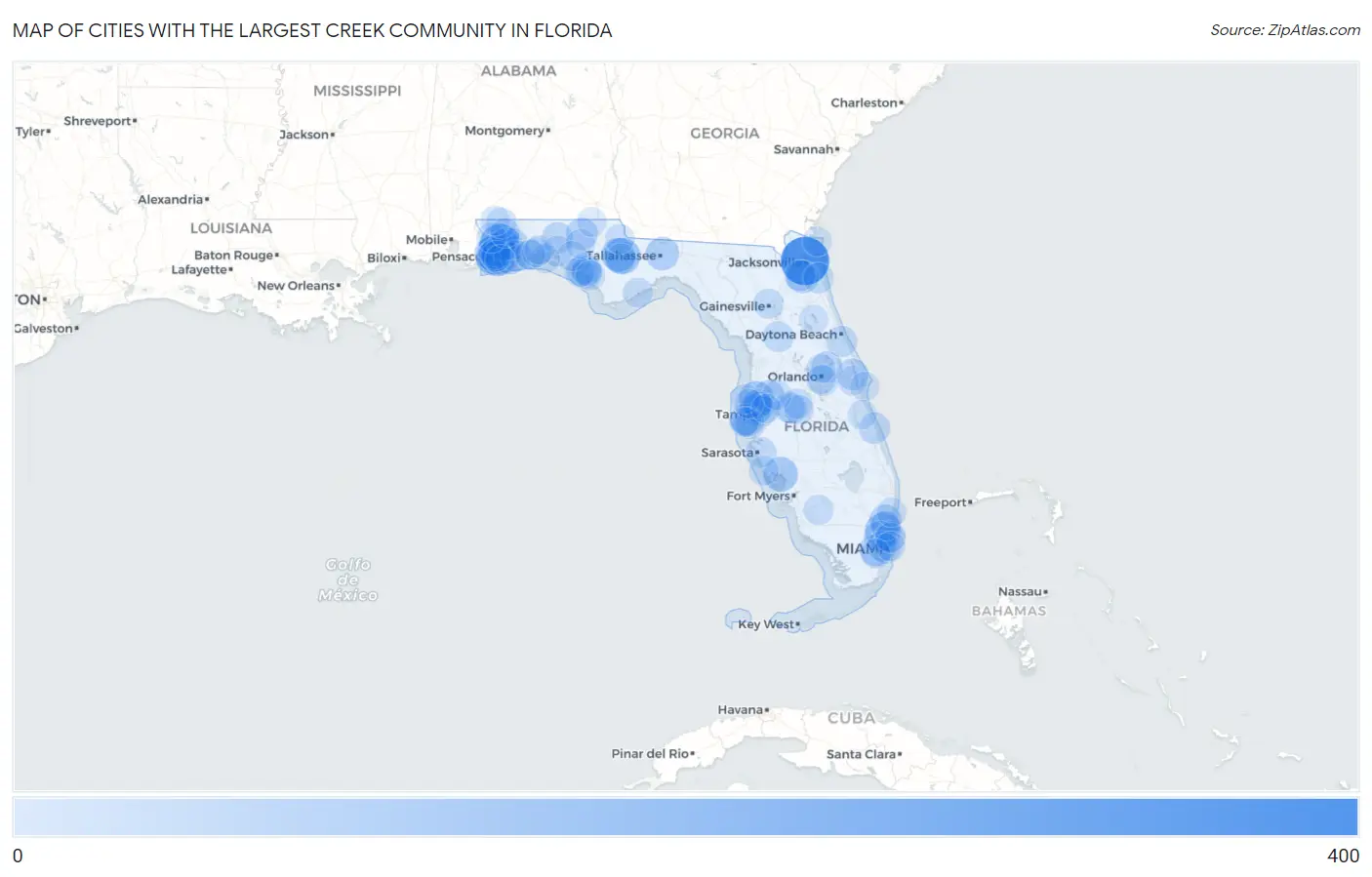 Cities with the Largest Creek Community in Florida Map