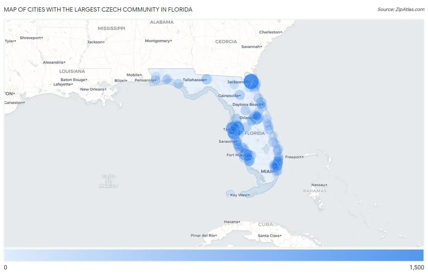 Cities with the Largest Czech Community in Florida Map