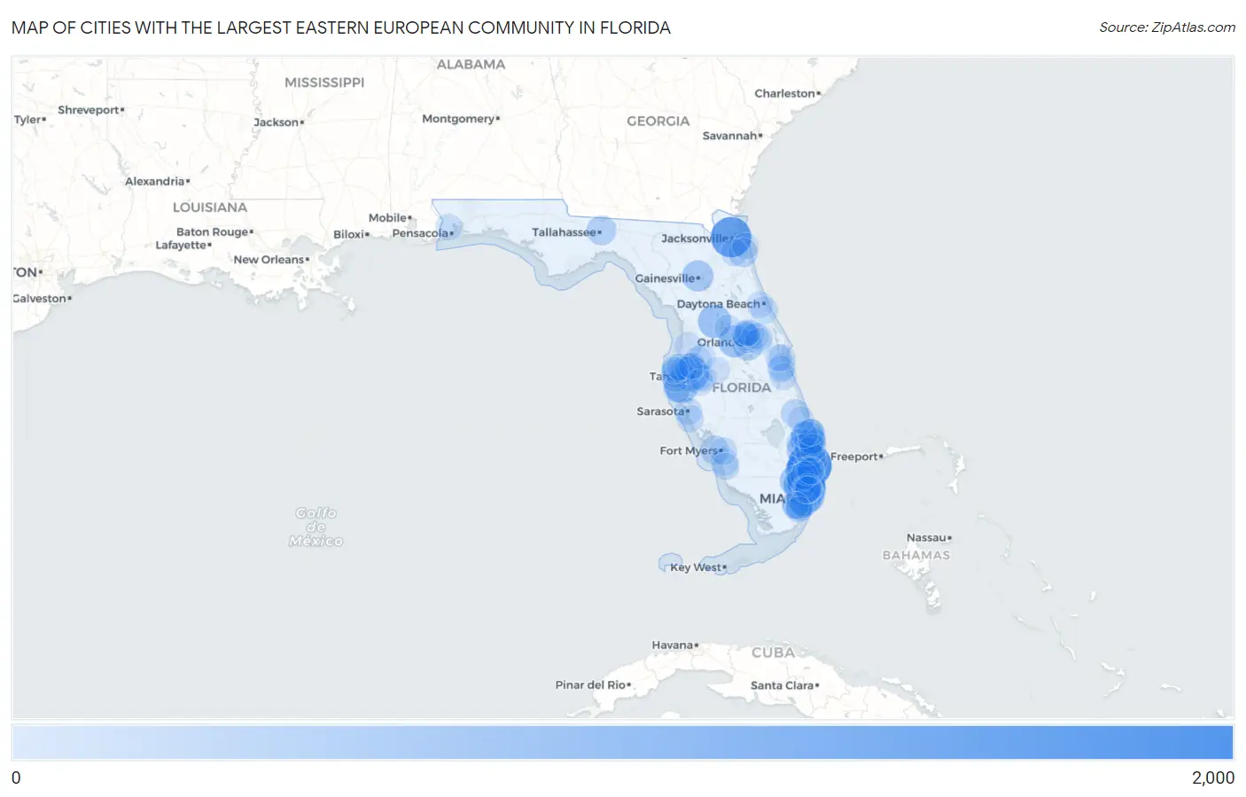 Cities with the Largest Eastern European Community in Florida Map