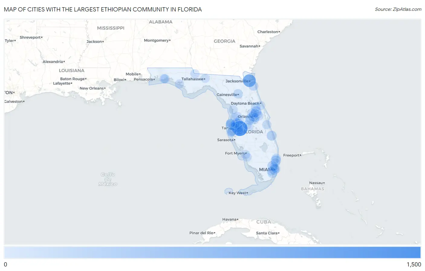 Cities with the Largest Ethiopian Community in Florida Map
